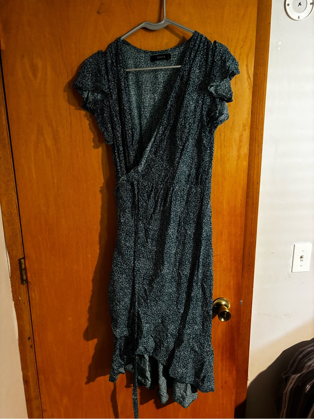 Teal Blue Floral Wrap Midi Dress
